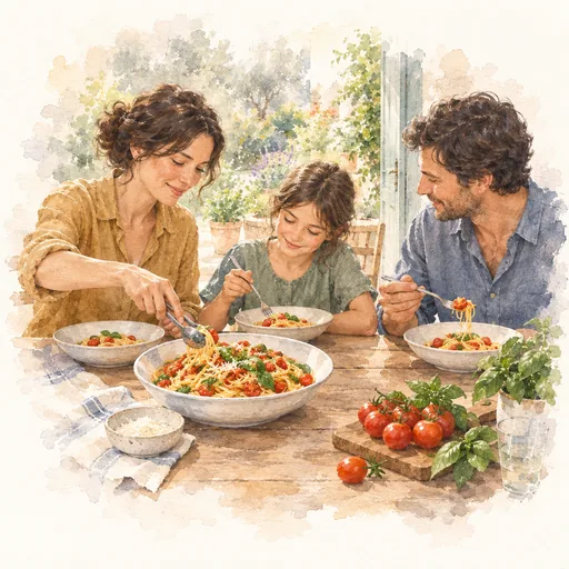 Sharing tomato basil pasta at the table